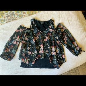 Black floral off the shoulder three quarter length top/blouse